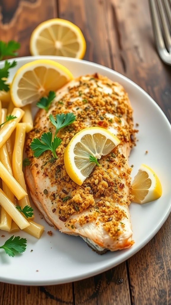 Herb-crusted baked fish fillets garnished with parsley and lemon on a white plate with vegetables.